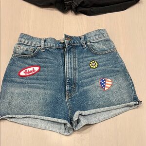REVICE Blue Jean Shorts with Embroidered Patches
